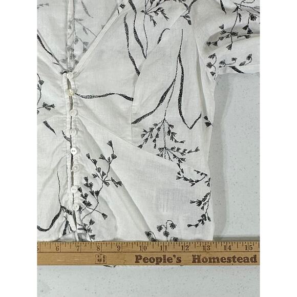 H&M Crop Top Size XS White Floral Deep Vneck Balloon Sleeves Linen Blend - Picture 9 of 9
